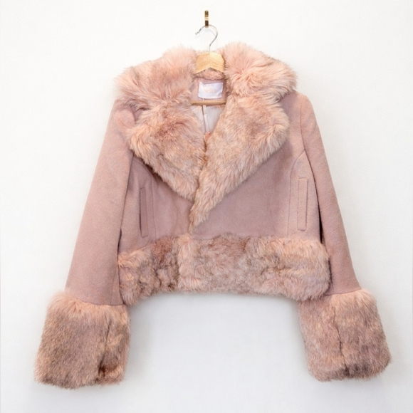 Selkie Angel Delight Cropped Groupie Jacket Pink Faux Fur Trim NWT Large - Picture 3 of 5
